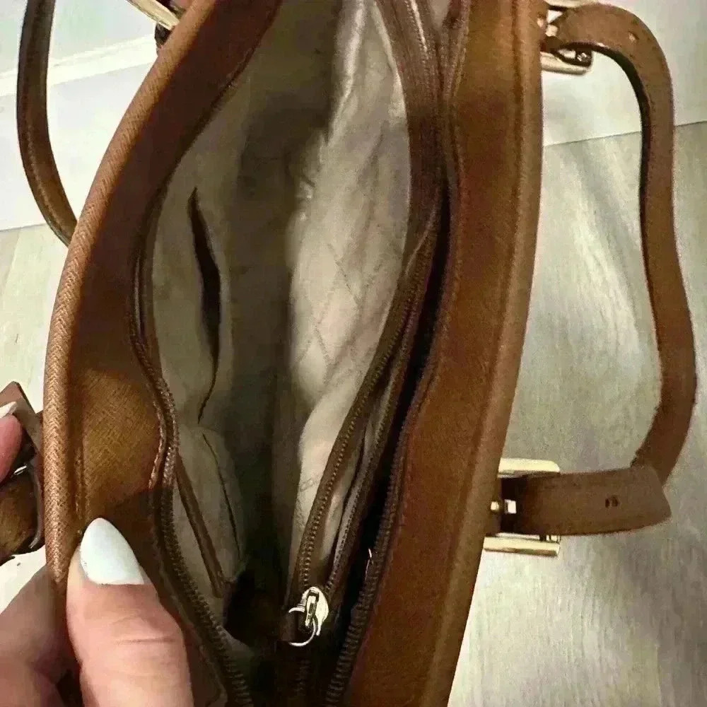 Michael Kors Tote Bag Brown Leather Shoulder Bag MK Charm Gold Hardware - Picture 13 of 14